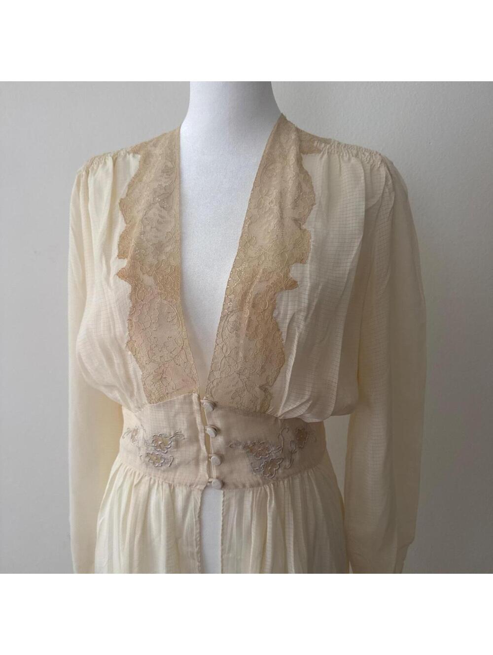 1930's trousseaux by Terris cream A-Line long sleeve sheer rayon maxi robe - Picture 3 of 7